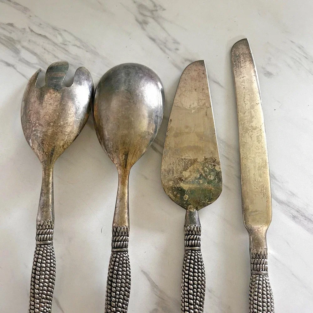 Vintage Silea Serving Set Silverplate Tassel Pattern Handles Meat Fork Spoons A